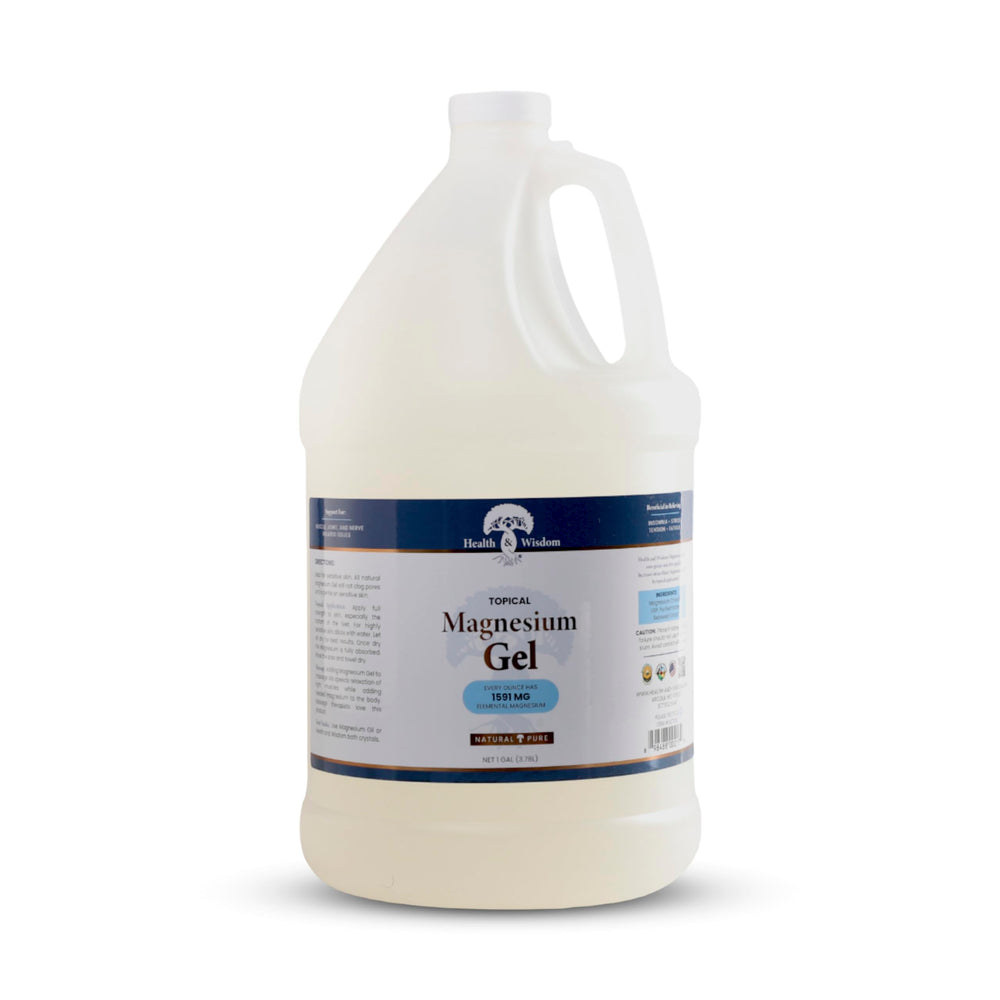 Health and Wisdom magnesium gel seaweed bottle for topical relief and skin hydration.
