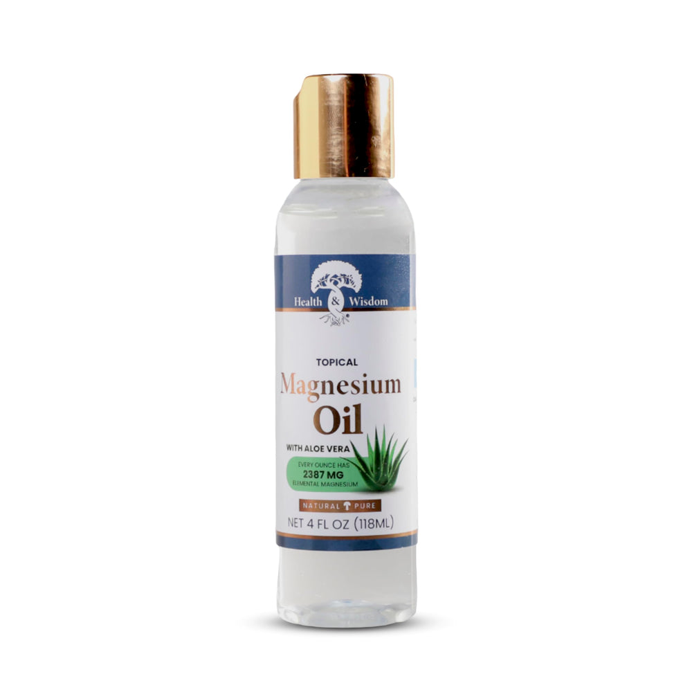 Health and Wisdom magnesium oil bottle with aloe vera for skin hydration.