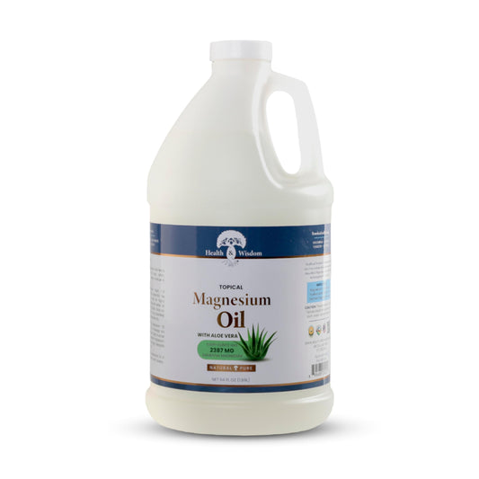 Health and Wisdom magnesium oil aloe vera bottle for soothing skin and potential muscle comfort