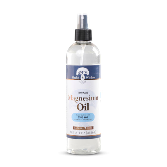 Health and Wisdom Pure Magnesium Oil bottle shown for easy topical relief on skin