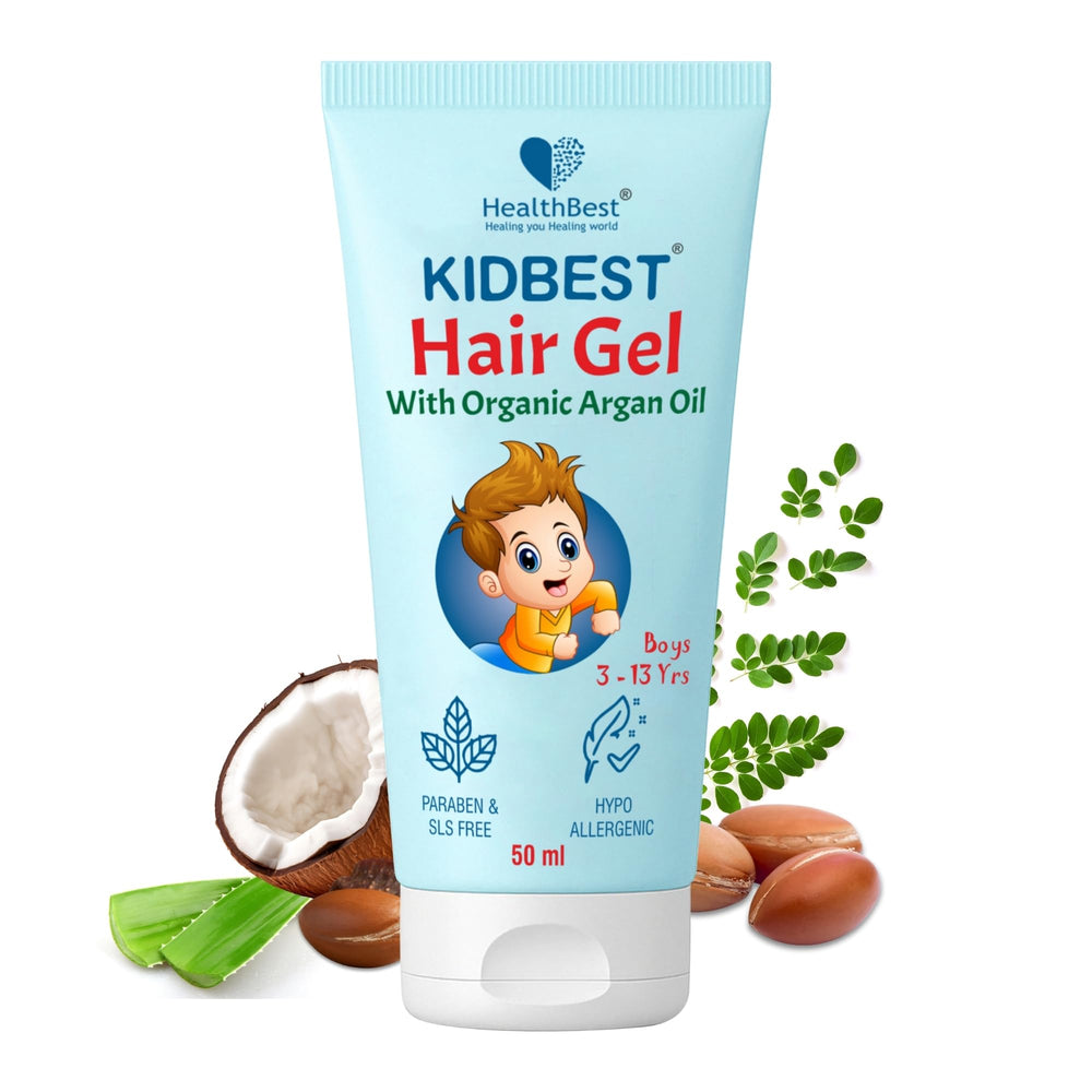 HealthBest Kids Hair Styling Gel bottle front shows gentle hold for playful looks.