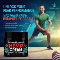 Healthergize Hemp Cream bottle close-up shows instant feel on contact.