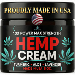Healthergize Hemp Cream maximum-strength bottle, quick-absorbing formula for targeted body use.