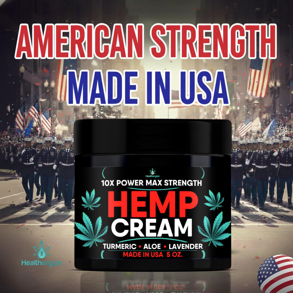 Healthergize Hemp Cream jar, non-greasy texture ideal for hands and joints.