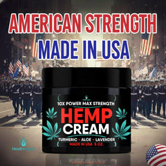 Healthergize Hemp Cream jar, non-greasy texture ideal for hands and joints.