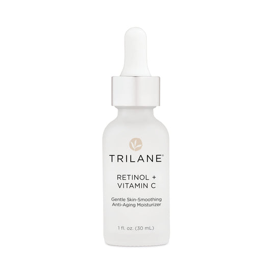 Healthy Directions Trilane bottle close-up showing a hydrating retinol vitamin C formula
