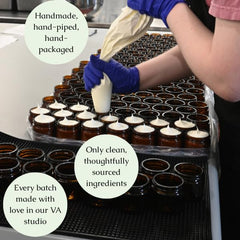 Hearth and Homestead tallow balm label closeup highlights natural ingredients and craftsmanship