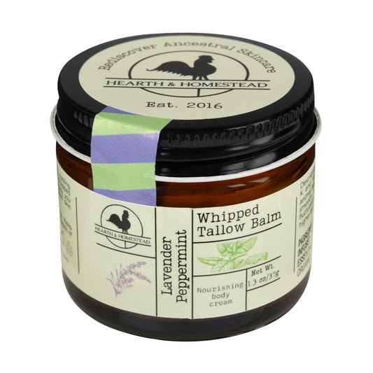 Hearth and Homestead lavender peppermint whipped tallow balm nourishes skin with a light scent