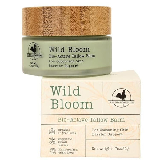 Hearth and Homestead Wild Bloom Balm jar front, daily hydration ready.