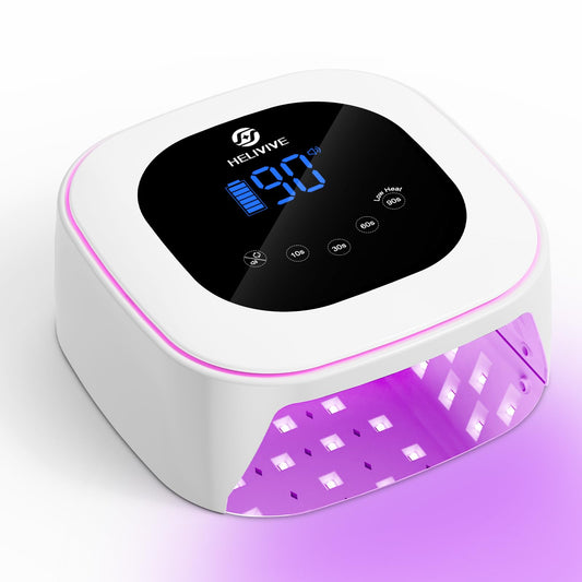 HELIVIVE cordless nail lamp with pink ambient ring for elegant home manicures.
