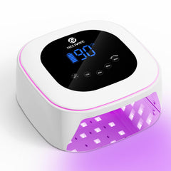 HELIVIVE cordless nail lamp with pink ambient ring for elegant home manicures.