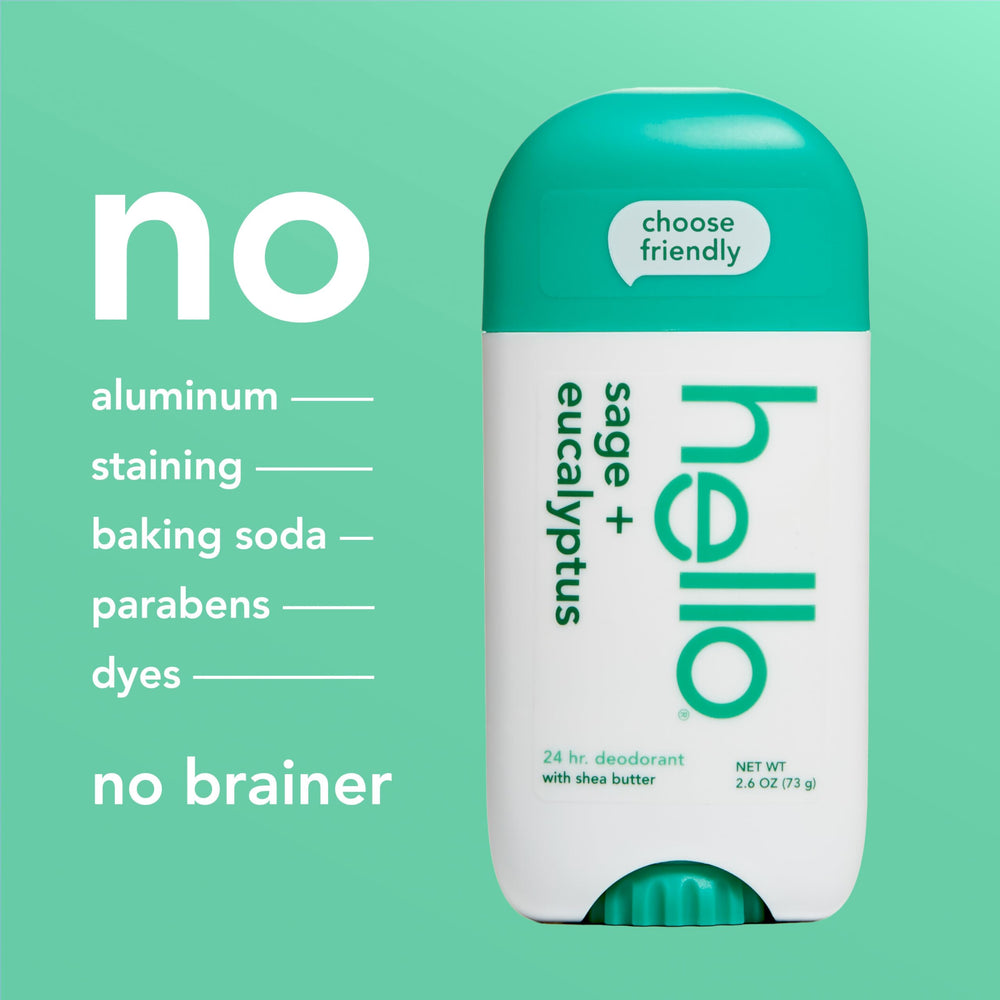 Hello sage-eucalyptus aroma deodorant stick, lightweight glide for quick mornings.