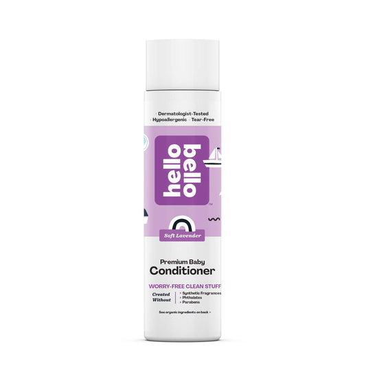 Hello Bello Soft Lavender Conditioner bottle showing gentle plant-based care for baby hair.