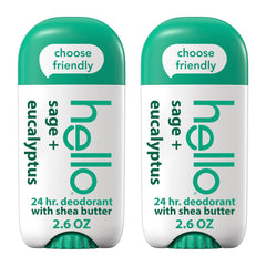 Hello Sage and Eucalyptus deodorant stick, 24-hour freshness without aluminum.