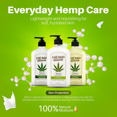 Ingredients panel featuring hemp seed oil and vitamin E from Hemp Heaven.