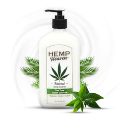 Hemp Heaven Hemp Lotion bottle front with tea tree scent for daily hydration.
