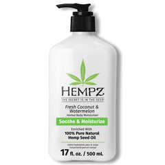 Hempz Body Lotion Fresh Coconut visual focus with quick-absorbing hydration for dry skin.
