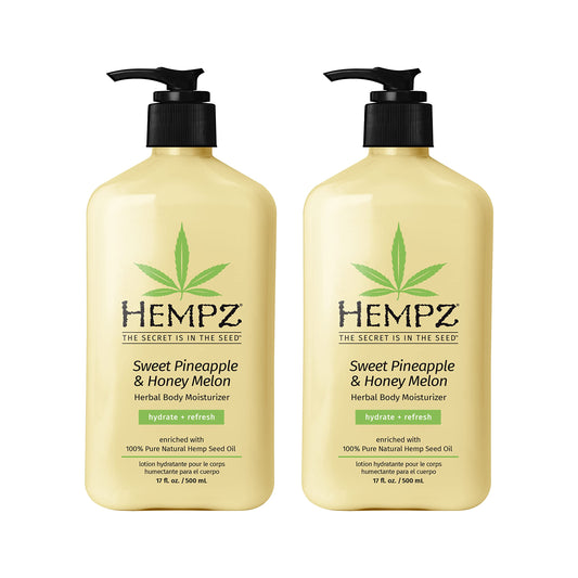 Hempz body lotion bottle front with tropical Sweet Pineapple and Honey Melon scent for daily hydration.
