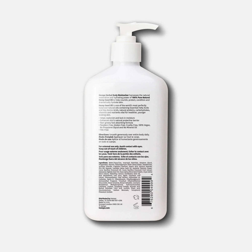 Hempz lotion texture cream highlighting rich, nourishing formula with shea butter and coconut oil for dry skin.