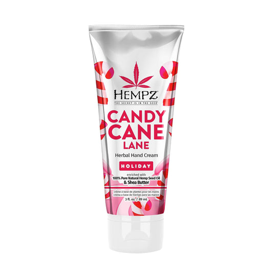 Hempz Candy Cane Lane hand cream tube — deep hydration for dry hands.