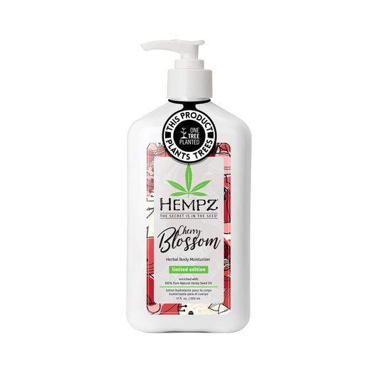 Hempz Cherry Blossom lotion bottle, a daily hydrator for soft skin.