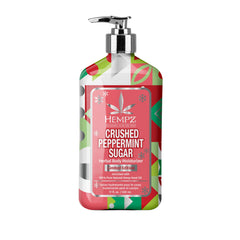 Hempz Crushed Peppermint Sugar Lotion bottle shows fast-absorbing hydration for all skin types.