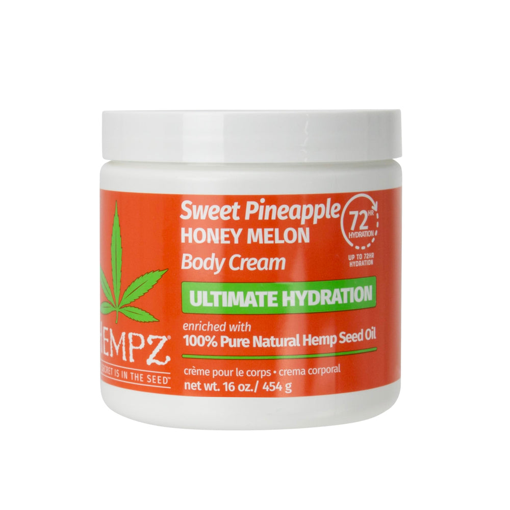 Hempz Lux Body Cream pineapple-melon jar promotes deep hydration for soft skin
