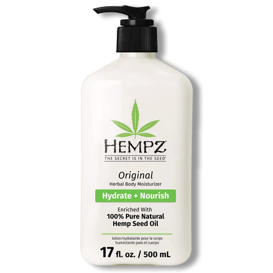 Hempz Original Body Moisturizer 17oz bottle shows hydration for daily skin care.