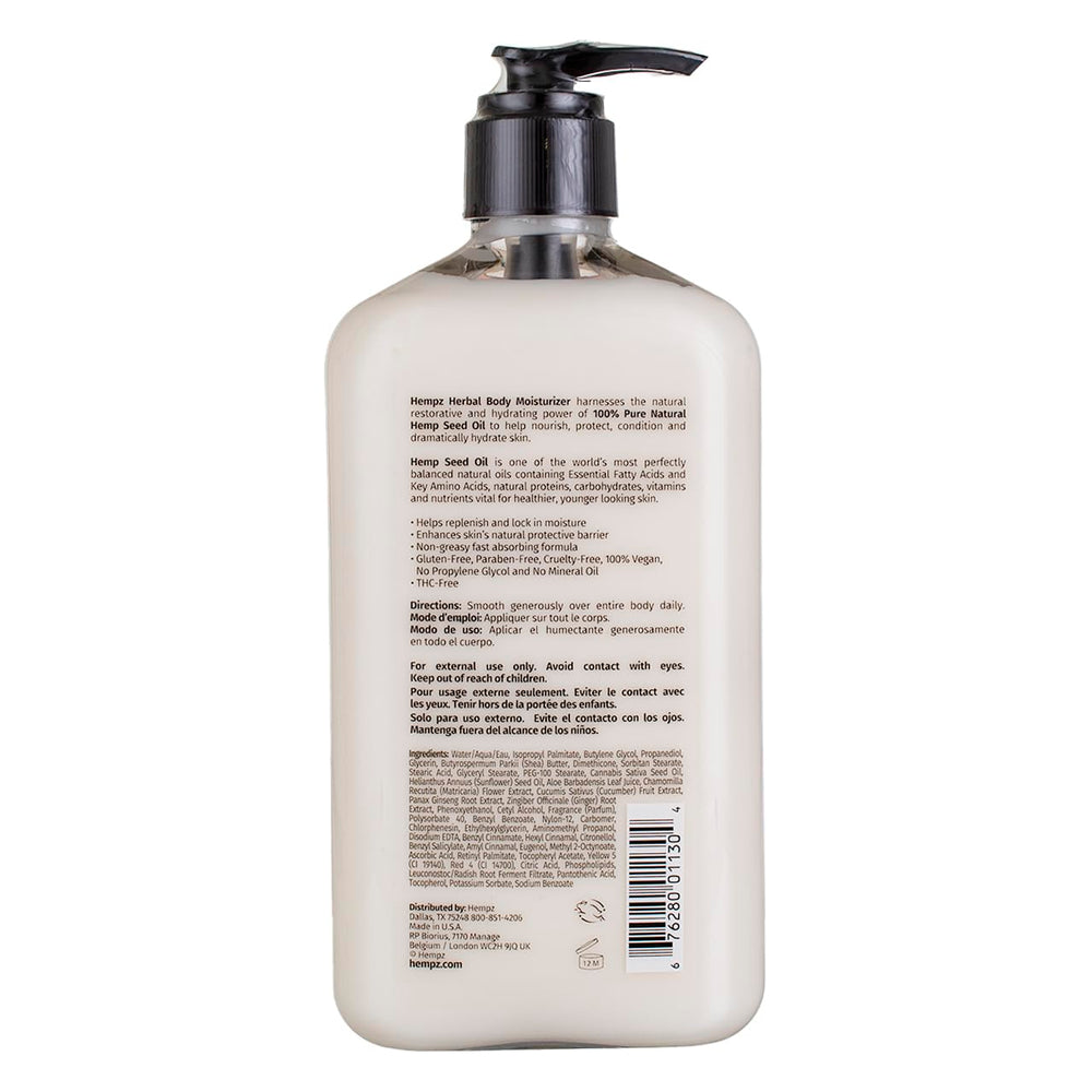 Hempz Original label closeup highlighting vegan formula and paraben-free claim.