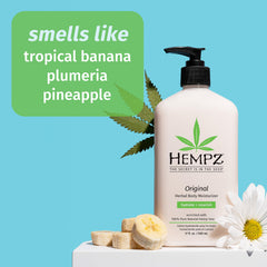 Hempz Original jar with shea butter presents deeply hydrating formula for dry areas.