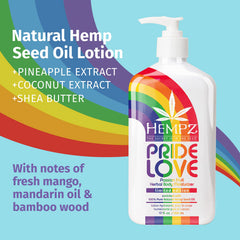 Ingredients panel highlights hemp seed oil and aloe for conditioning.