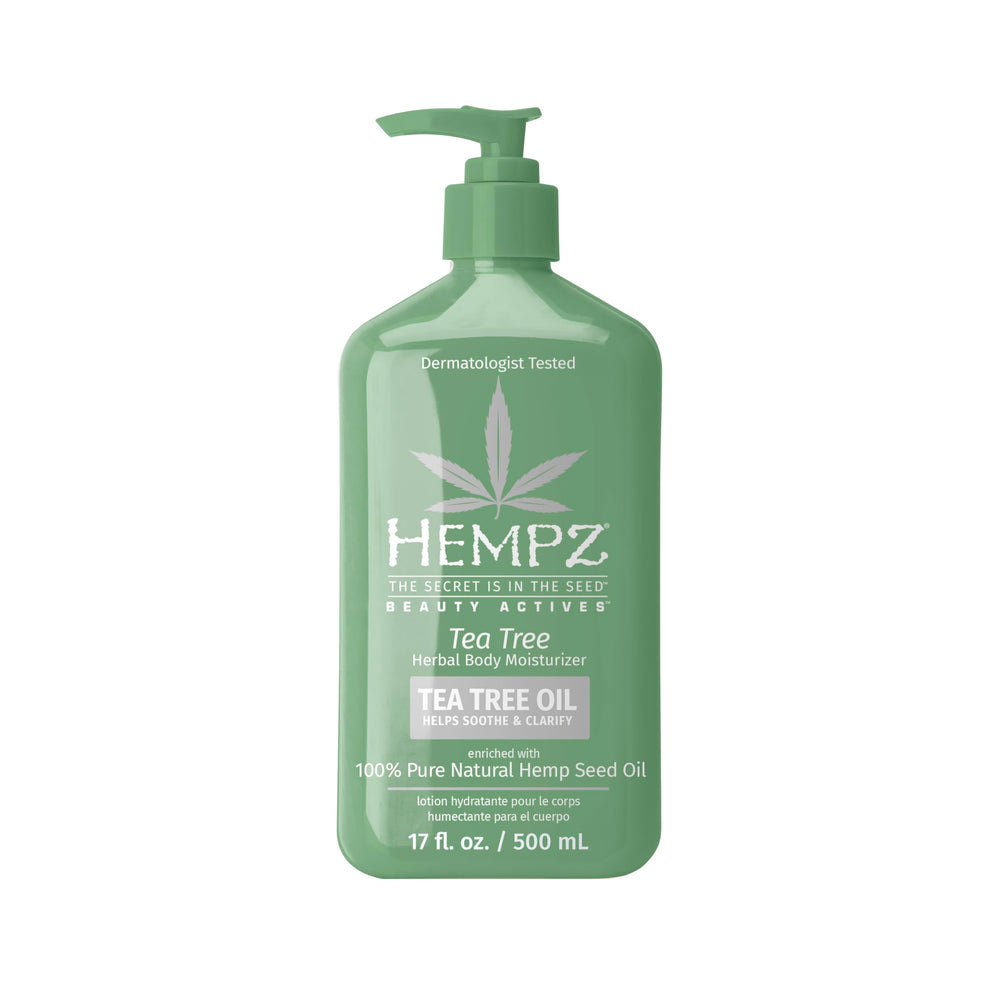 Hempz Tea Tree Herbal Body Moisturizer bottle highlights calming, moisturizing formula for refreshed skin.