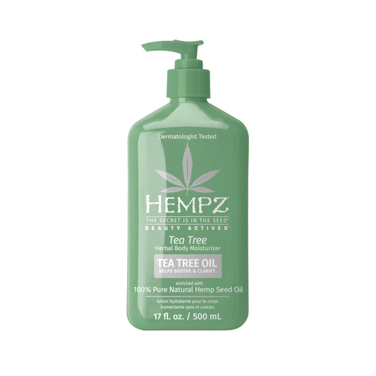 Hempz Tea Tree Herbal Body Moisturizer bottle highlights calming, moisturizing formula for refreshed skin.