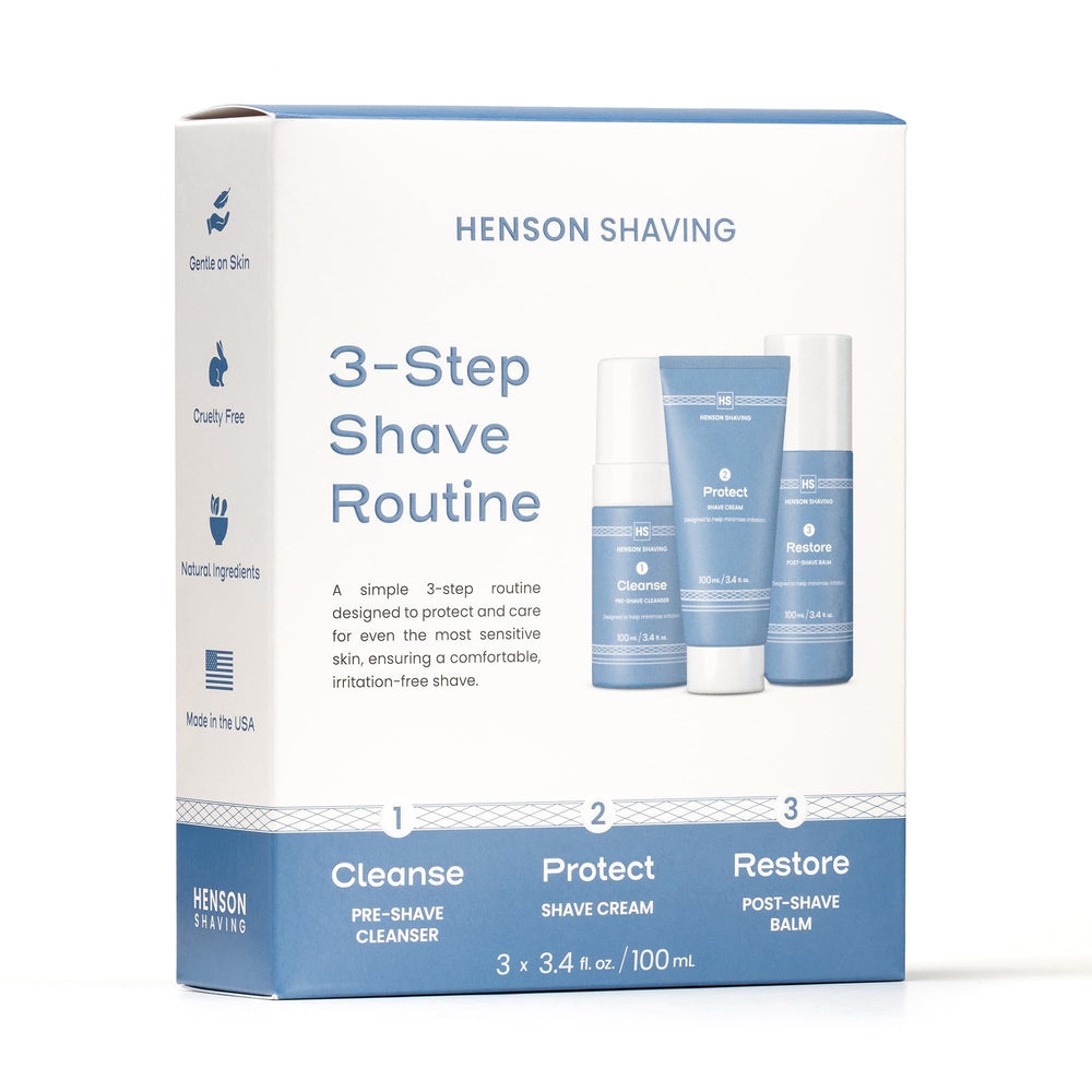 Henson Shaving cleanser bottle preps skin for a smooth, comfortable shave