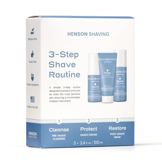 Henson Shaving cleanser bottle preps skin for a smooth, comfortable shave