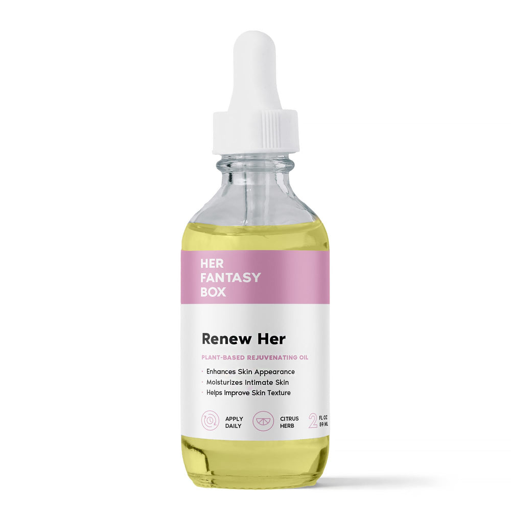 Her Fantasy Box Renew Her oil bottle close-up showing premium packaging for nourishing skin