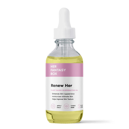 Her Fantasy Box Renew Her oil bottle close-up showing premium packaging for nourishing skin