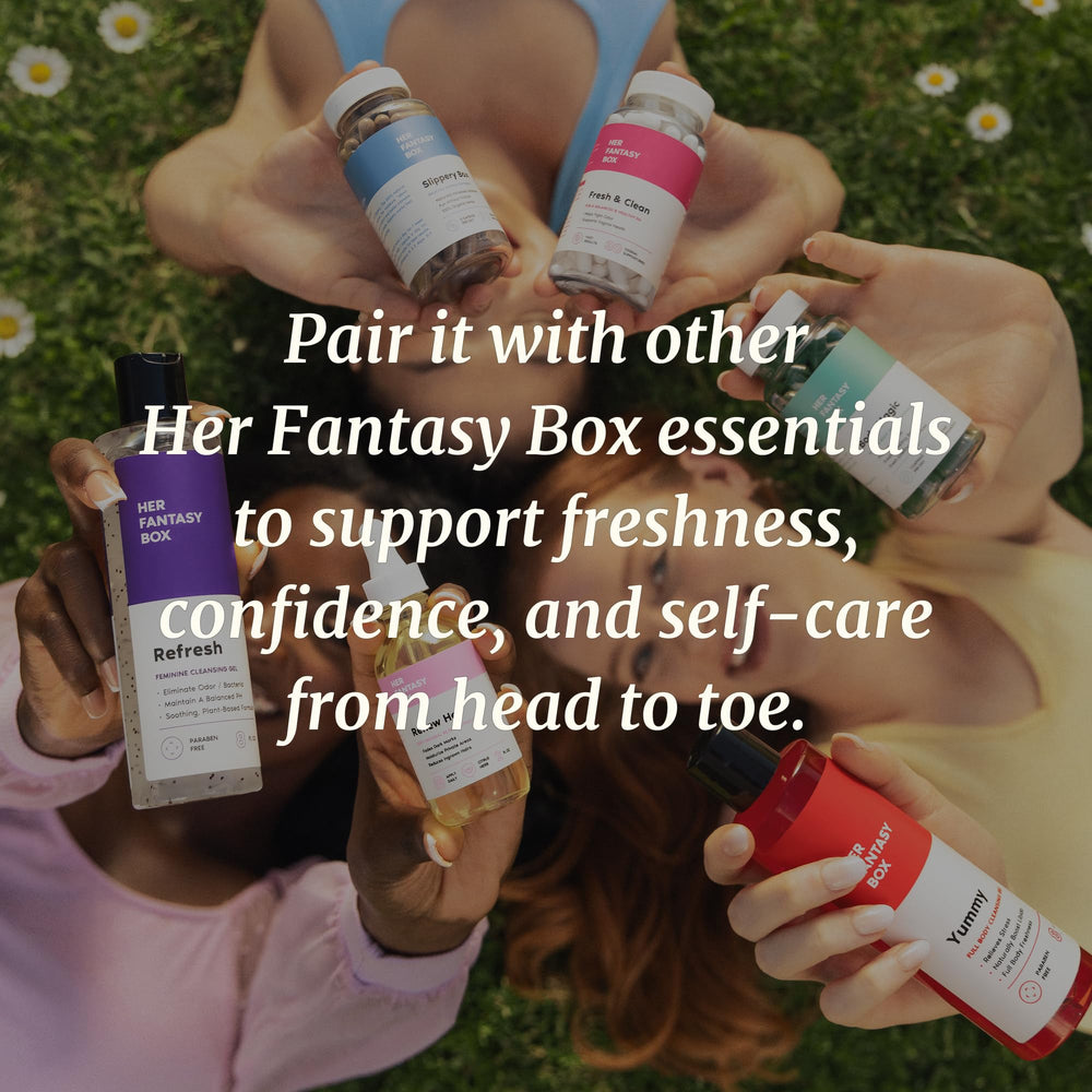Her Fantasy Box Renew Her oil suitable for all skin types shown on diverse model