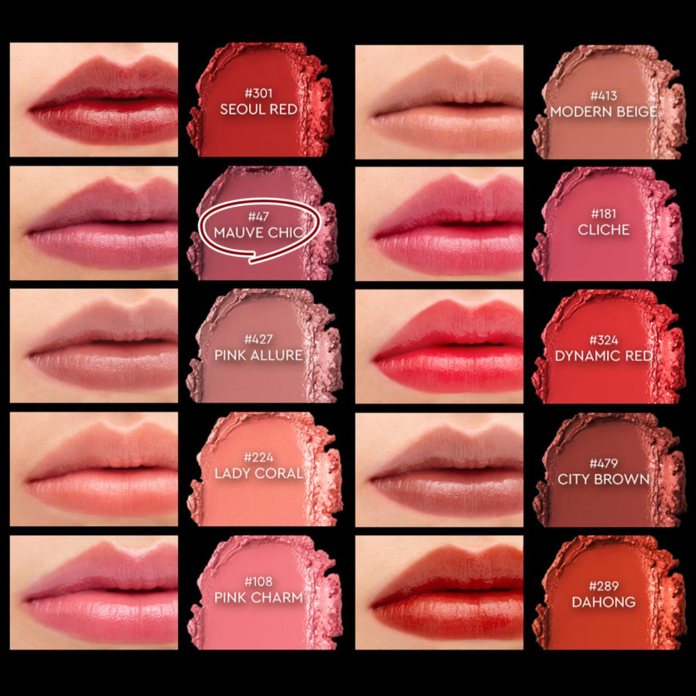 HERA Rouge Classy 413 lips swatch demonstrates Modern Beige versatility for everyday looks.
