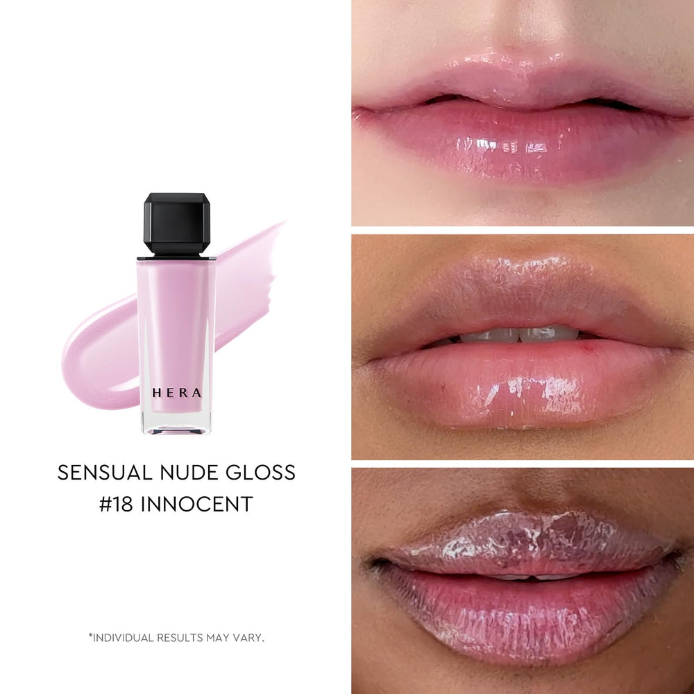 HERA Sensual Nude Lip Gloss Innocent swatches reveal MLBB color with depth.
