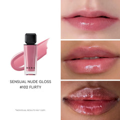 HERA Sensual Nude Gloss texture close-up highlights non-sticky, smooth glide.