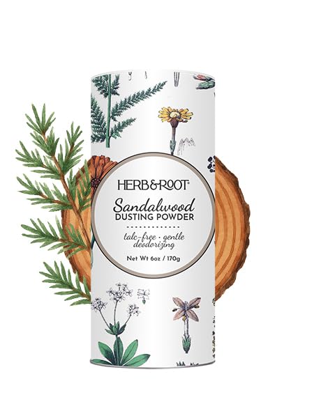 Herb and Root sandalwood dust powder jar for smooth, dry skin.
