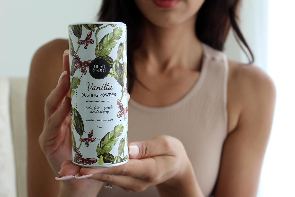 Herb & Root lavender scent talc-free powder for restful evenings.