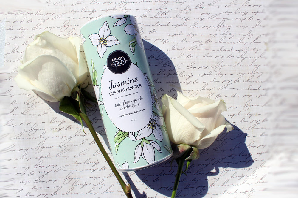 Herb & Root Vanilla talc-free body powder bottle for all-day comfort and odor control.