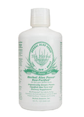 32 oz Herbal Aloe Force bottle on kitchen counter, gluten-free supplement.