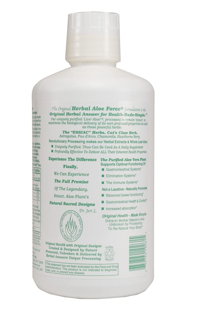 Close-up of Aloe Force bottle showing non-heated extraction process.