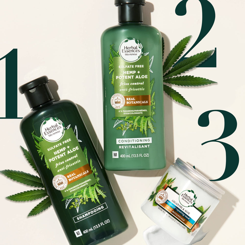 Herbal Essences bio:renew Hemp and Aloe Repairing Mask scent notes close-up conveys layered fragrance