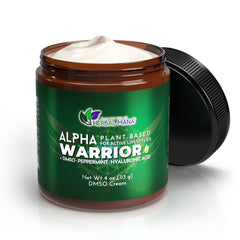 Herbal Mana Alpha Warrior cream packaging shows a compact tub for fast absorption.