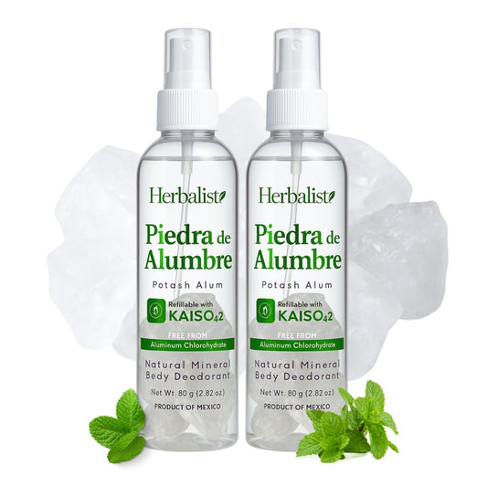 Herbalista aluminum-free alum spray bottle close-up ready to use.