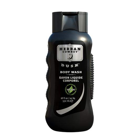 Herban Cowboy Dusk Body Wash bottle-pour showing cedar and lavender scent profile